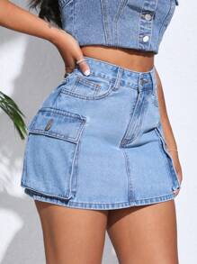 SHEIN SXY High-waisted Denim Skirt With Flap Pockets - Medium Wash - View 2