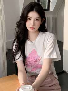 DAZY Camiseta De Manga Corta Para Mujer Con Estampado De Eslogan - Blanco - Ver 3