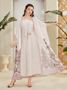 Al Najma 女式佩斯利印花挂脖系带连衣裙和外套两件套 2 件套 - 杏色 - 查看 7