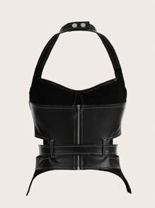 SHEIN ICON 女士修身款拼色聚氨酯背带上衣，下摆不对称，缝线清晰 - 黑與白 - 查看 3