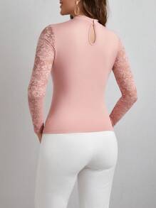 SHEIN Clasi قمة بأكمام طويلة وتفاصيل دانتيل، فارغة من الداخل للنساء - وردي مغبر - مشاهدة 2