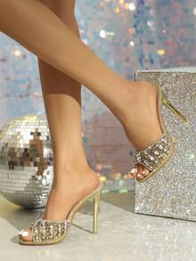 女款圓頭高跟涼鞋,透明鞋跟與閃亮鑽石設計,適用於派對和聚會 - 玫瑰金 - 查看 9