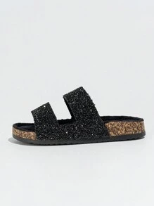 roulvxiang Plateausandale mit Glitzer-Slip-On für Frauen - Memory-Schaum, rutschfest, Hausschuhe für den Alltag, geeignet für den Straßengebrauch