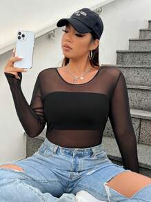 SHEIN EZwear Women's Plus Size Mesh Perspective Long Sleeve Top - Black - View 4