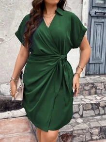 Vionelle Women Plus Size Solid Color V-Neck Gathered Waist Dress - Dark Green - View 5