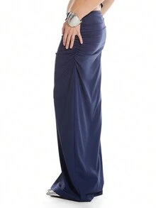 MUSERA 女士纯色长裙 优雅夏季性感时尚 - 藍色 - 查看 5