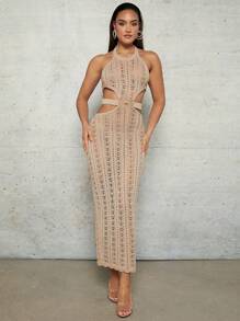 SHEIN BAE Cover Ups Apricot Crocheted Textured See-Through Halter Neck Sexy Hollowed Out Waist Side Spring And Summer Holiday Clothing Mid-Length Dress - Apricot - View 3