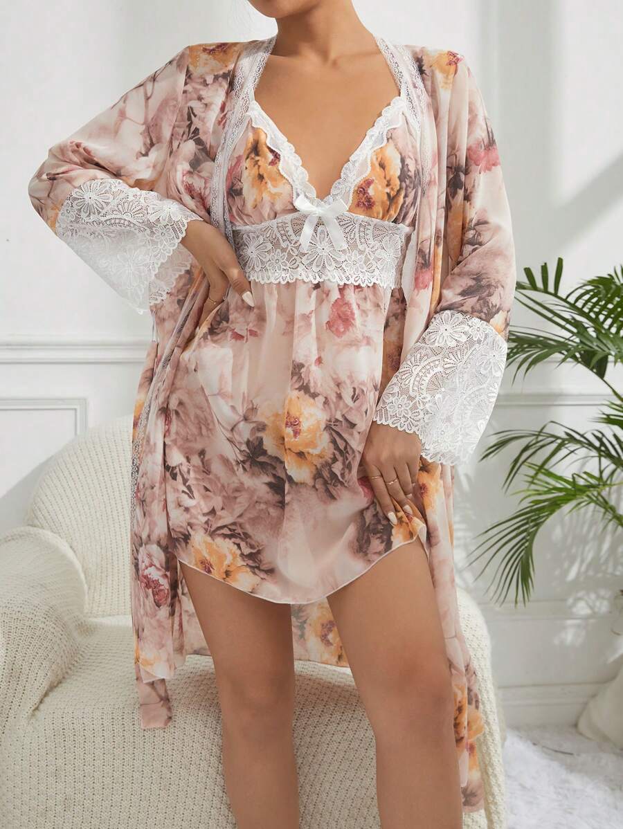 Của phụ nữ Trưởng thành In hoa Lưới Áo ngủ dài Bộ - Nhiều màu - Xem 1