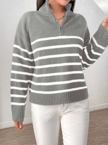 SHEIN Essnce Của phụ nữ Nửa Zip Sọc Áo len Với giá đỡ Vòng cổ - Xám - Xem 4