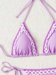 SHEIN Swim Conjunto de bikini con cuello de halter, lazo y recorte de patchwork para mujer, verano playa - Morado - Ver 3