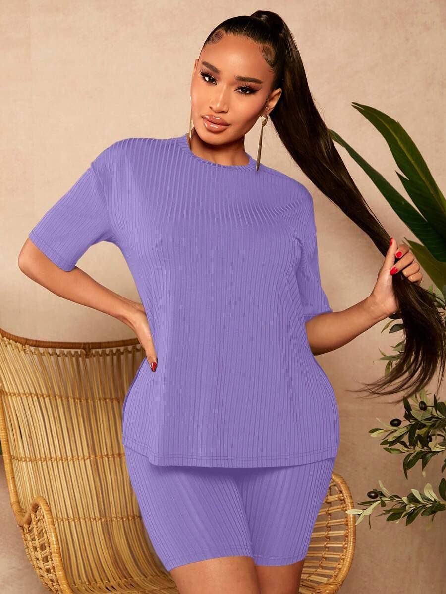 SHEIN SXY Quý cô Chất rắn Đồ đan Ribbed Bộ - Màu tím hoa cà - Xem 1