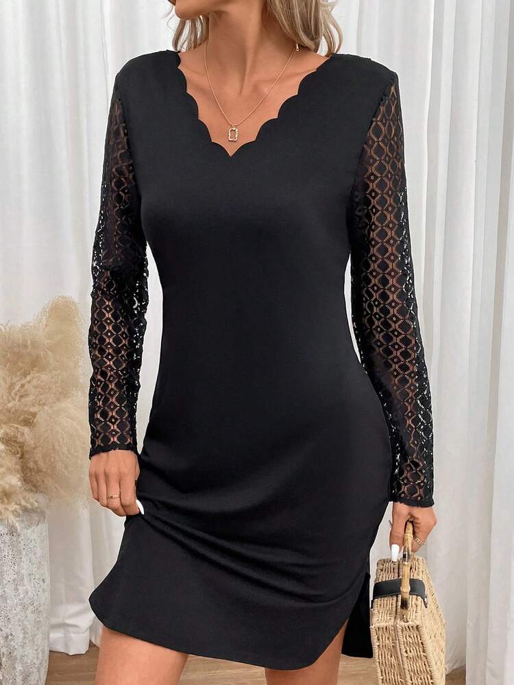 Women's Lace Patchwork Knitted A Line Black V Neck Black Split Dress Winter Elegant Evening Dress