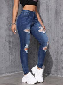 SHEIN EZwear Women's Slim Fit Ripped Jeans - Medium Wash - View 5