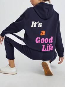 RueChic Letter Print Hooded Sweatshirt And Sweatpants Set - Navy Blue - View 1