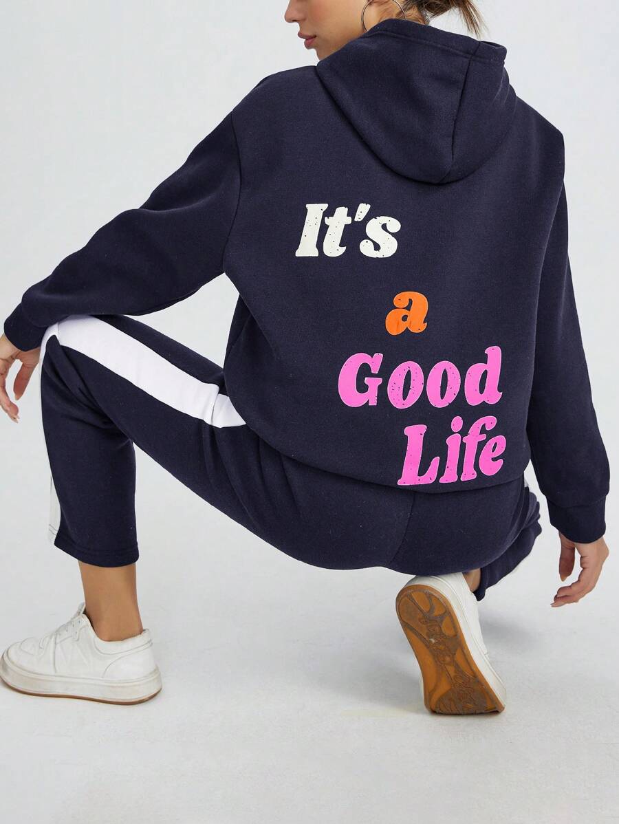 RueChic Letter Print Hooded Sweatshirt And Sweatpants Set - Navy Blue - View 1