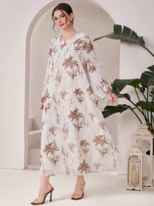 Al Najma Loose Casual Printed Notched Neck Modest Long Sleeve Dress - Apricot - View 4