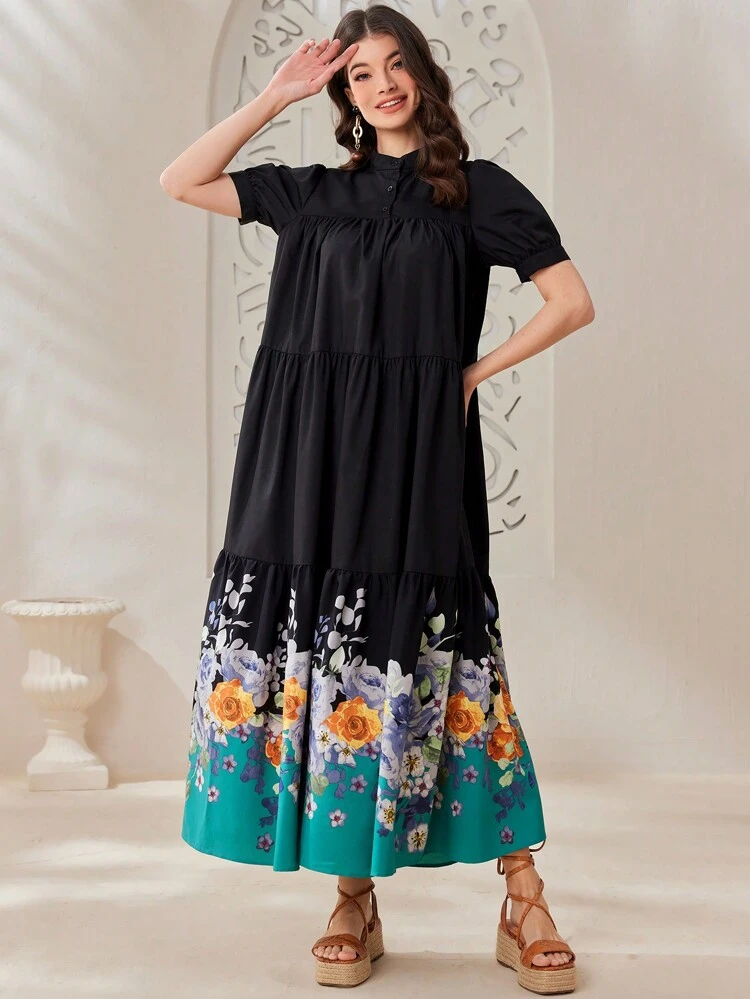 Women's Arabic Style Dress With Floral Print, Puff Sleeves And Ruffled Hem