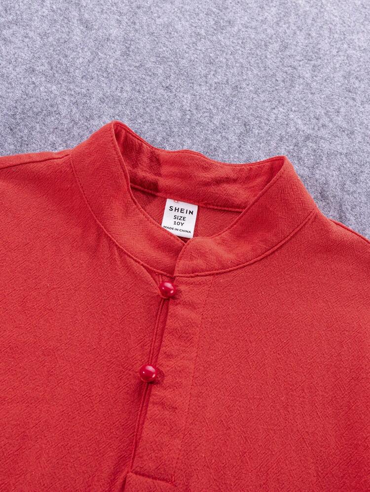 Tween Boys' Chinese Style Casual Short Sleeve Stand Collar Shirt And Shorts Set