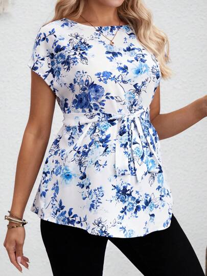 SHEIN Maternity Casual Short Sleeve Top With Floral Print And Round Neck