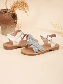 Sandalias planas de moda para niñas con diseño de purpurina con cierre de gancho y bucle y hebilla - Plateado - Ver 2