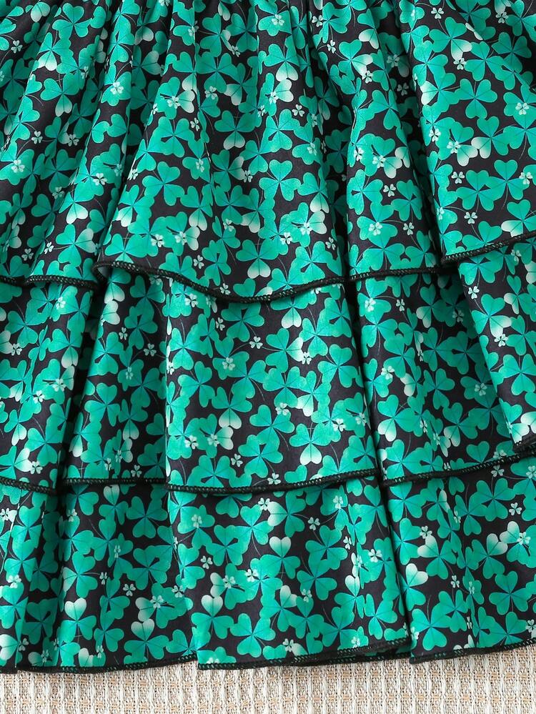 Young Girls' Lucky Clover Plaid Casual Cute Vacation Dress