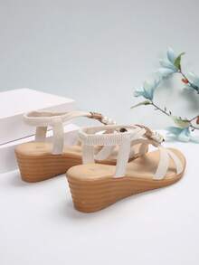 女士舒適楔形跟厚底涼鞋。珍珠裝飾和復古拉鍊防滑拖鞋 - 米色 - 查看 6