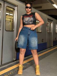 SHEIN ICON Plus Size High Waist Washed Denim Shorts - Blue - View 4