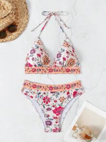 SHEIN Swim Conjunto de bikini con cuello de halter y estampado floral para mujer, nuevo para el verano y el año nuevo
