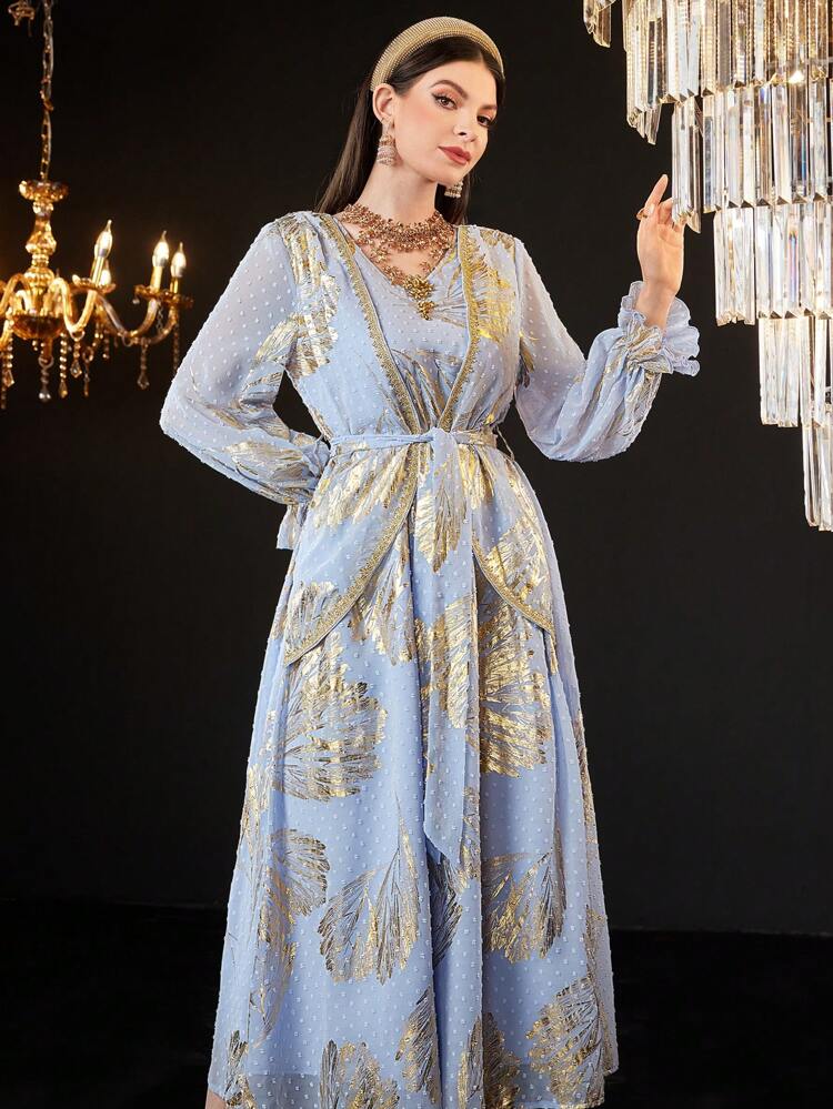 Women'S Long Sleeve Dress With Foiled Botanical Pattern Long Evening Dresses Fall Cloth For Women