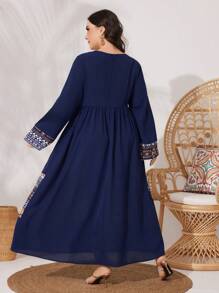 Al Najma Women's Plus Size Patchwork Printed Round Neckline Fit & Flare Dress Kaftan Jalabiya Dress - Navy Blue - View 2