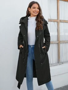 GASMAN 冬季女士休闲纯色双排扣连帽棉服大衣 - 黑色 - 查看 5