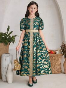 Tween Girl Metallic Gold Floral Pattern Belted Dress - Dark Green - View 9