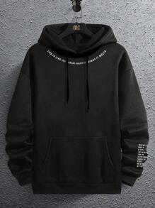 Manfinity Homme 男款寬鬆連帽衫,印有口號字樣和束口帶 - 黑色 - 查看 3