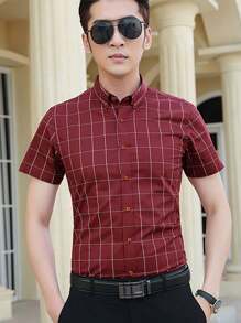 男士格紋印花襯衫 - 紅色 - 查看 1