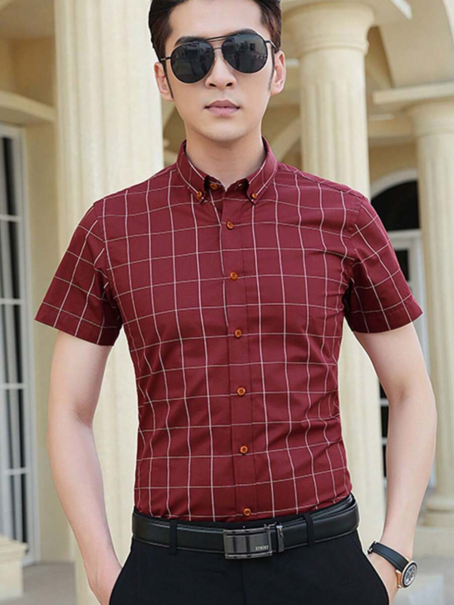男士格紋印花襯衫 - 紅色 - 查看 1