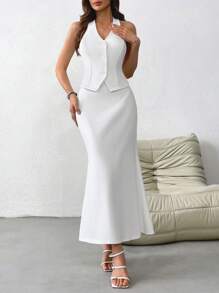 SHEIN Privé 女士純色法式領口露背背心外套和長尾魚裙,適合婚禮、節日、約會和度假 - 白色 - 查看 5