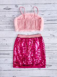 Tween Girls' Fuzzy Spaghetti Strap Tank Top With Sequin Detailing And Skirt Set - Pink - View 2