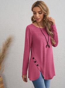 EMERY ROSE Women's Button Decor Scalloped Hem Long Sleeve Casual T-Shirt Fall Shirts Winter Tops Women Tops - Hot Pink - View 4