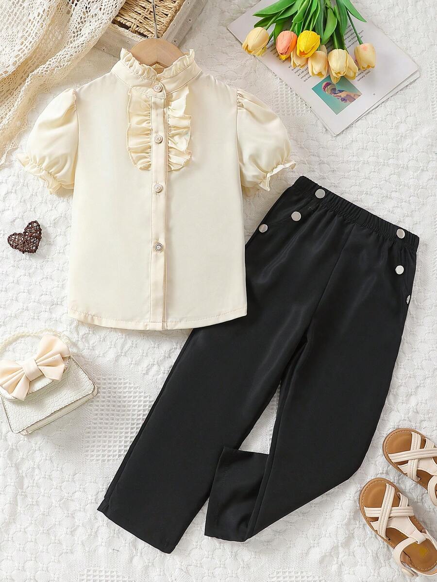 SHEIN Young Girl's Elegant Short Sleeve Blouse With Ruffle Hem And Pants Set - Black and White - View 1