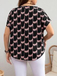 SHEIN LUNE Plus Size Women Tie-Dye Print Round Neck Batwing Sleeve Loose Blouse Shirt For Summer - Multicolor - View 2
