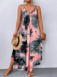 SHEIN Clasi Plus Size Women's Tie Dye Spaghetti Strap Dress Maxi Women Outfit - Black - View 1