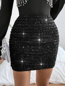 SHEIN Privé 女士亮片連身裙 - 黑色 - 查看 4