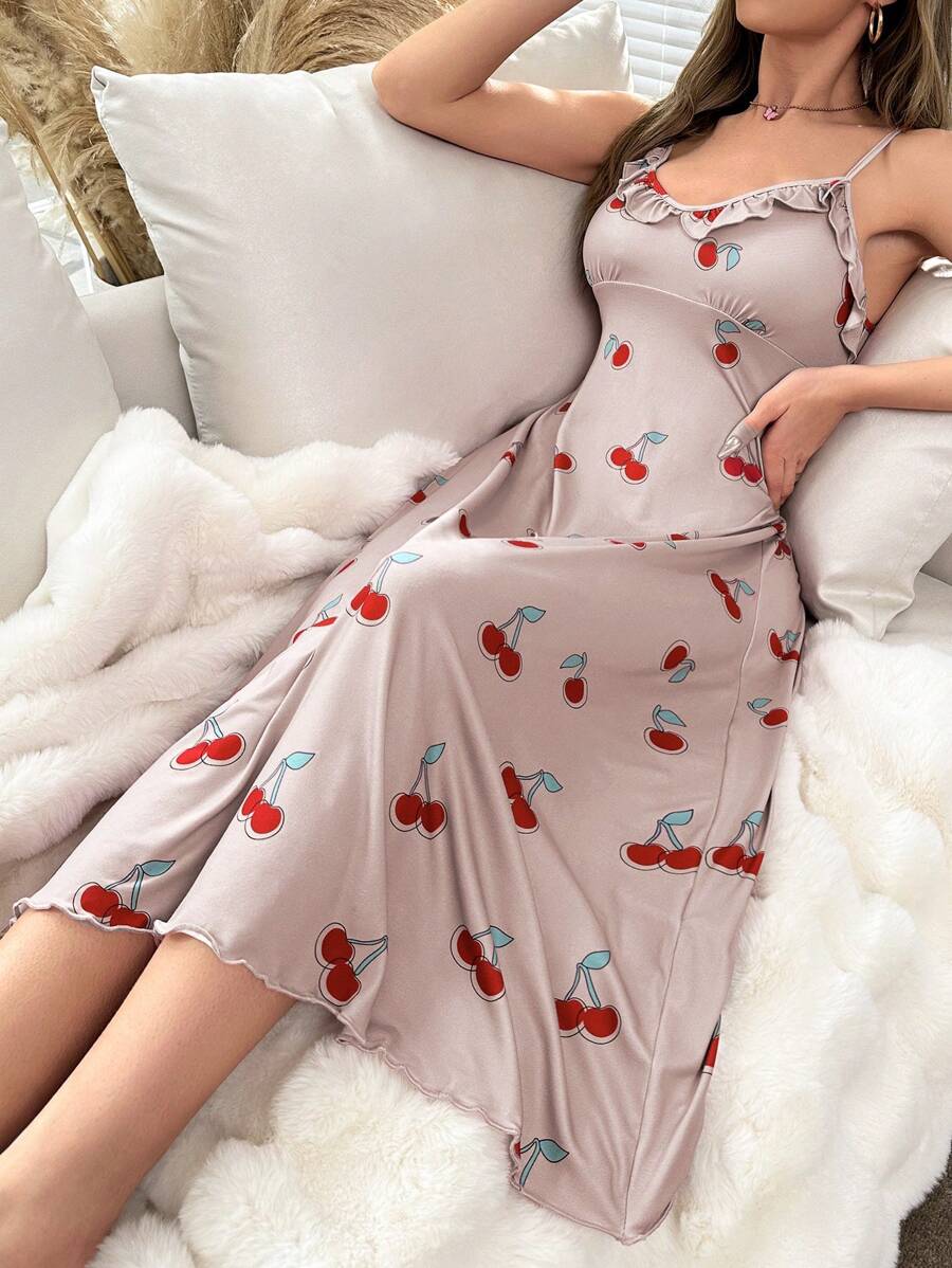 Váy ngủ có dây đeo spaghetti in hình anh đào Váy ngủ Pajama - Nhiều màu - Xem 1