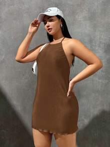 SHEIN EZwear Plus Size Halterneck Backless Dress - Brown - View 3