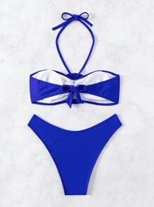 SHEIN Swim Conjunto de bikini separado con decoración floral y cuello de halter para damas, ideal para playa de verano