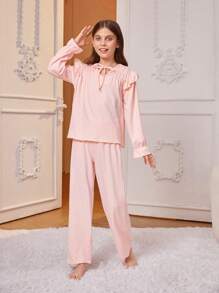 少女粉色長褲和長袖休閒兩件套家居服 - 粉色 - 查看 1