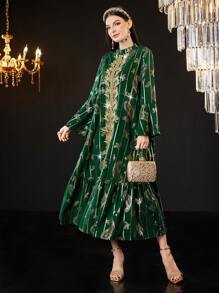 Al Najma 女士烫金印花刺绣荷叶边长款 Jalabiya 连衣裙，优雅晚会礼服