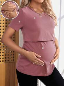 SHEIN Thai sản Vòng cổ Điều dưỡng Quần áo Áo thun - Hồng - Xem 1
