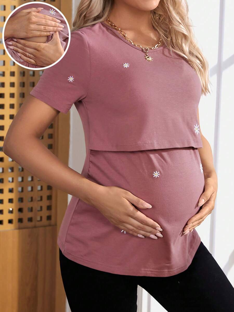 SHEIN Thai sản Vòng cổ Điều dưỡng Quần áo Áo thun - Hồng - Xem 1