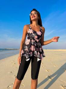 Swim Lushoire Summer Beach Floral Print Round Neck Tankini Set With Ruffled Hem - Multicolor - View 6